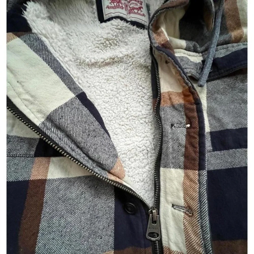 Levi Strauss & Co Hooded Flannel Jacket‎ Plaid Sherpa Lined Navy Orange Small